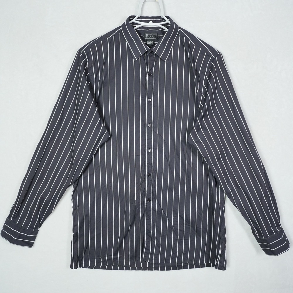 Bocci Mens XL Gray White Striped Cotton Long Sleeve Button Down Shirt XL 17-17.5 - Picture 2 of 8